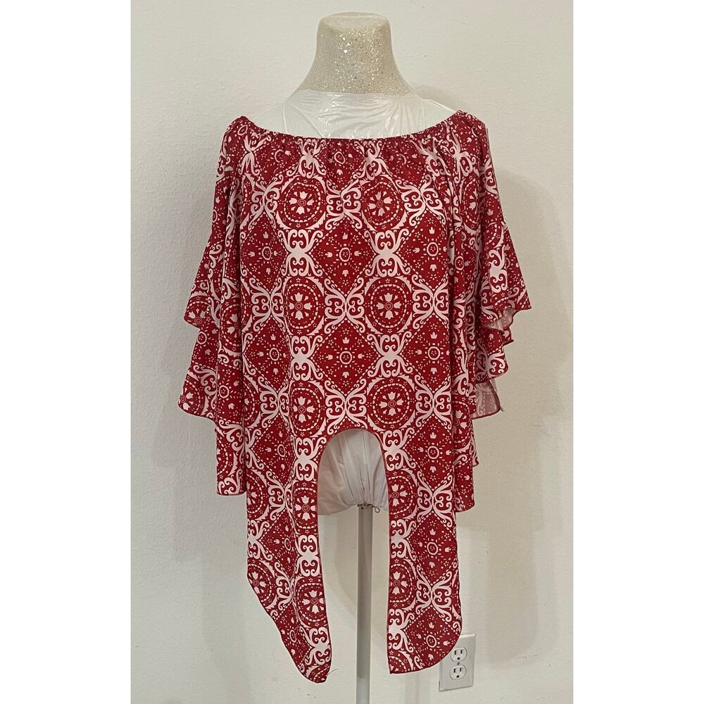 FASHION brand red and‎ white poncho-style blouse sz L boho-chic beachwear